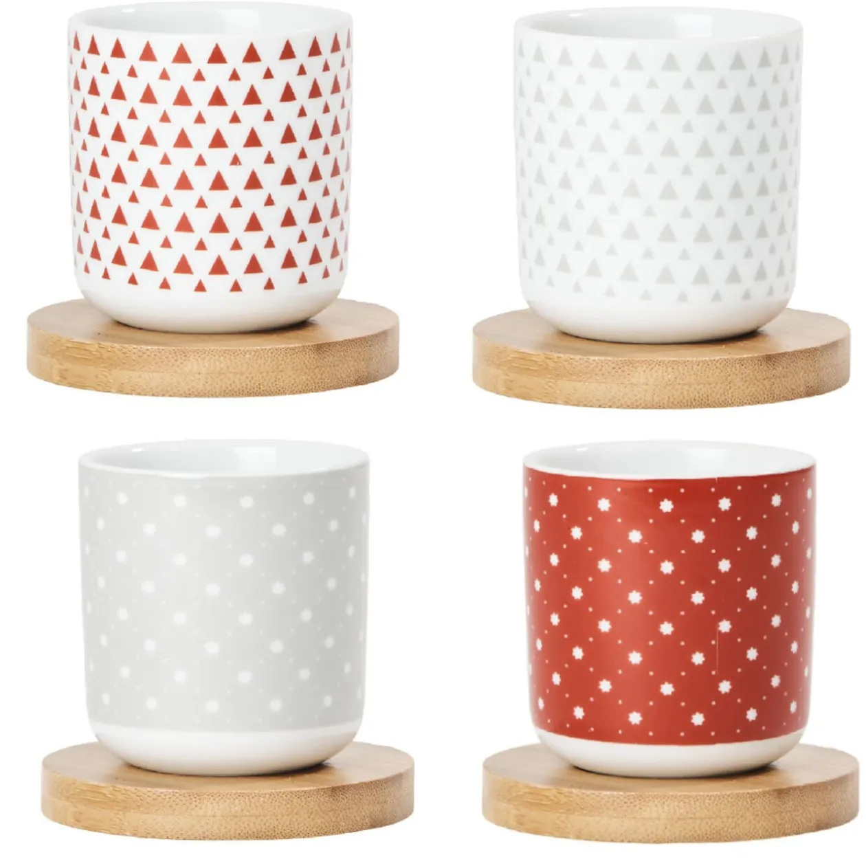 4 gobelets avec sous tasses en bois rouge et blanc