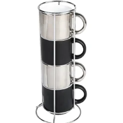 4 tasses en céramique noir et argent avec support metallique h30