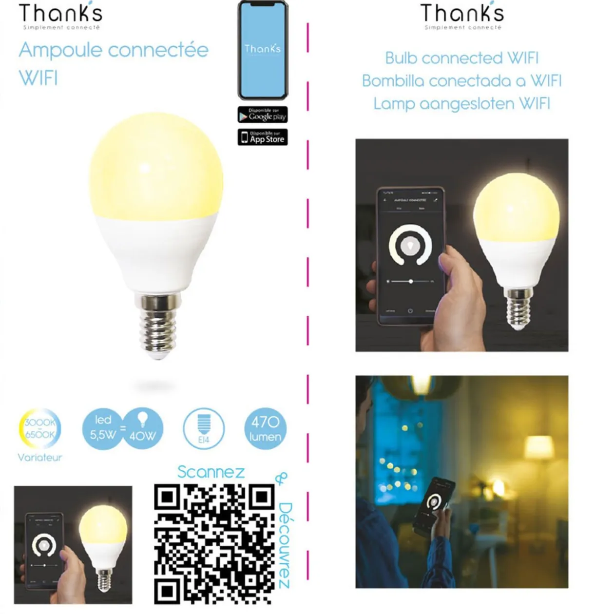 Ampoule LED connectée blanc ajustable E14 40 W