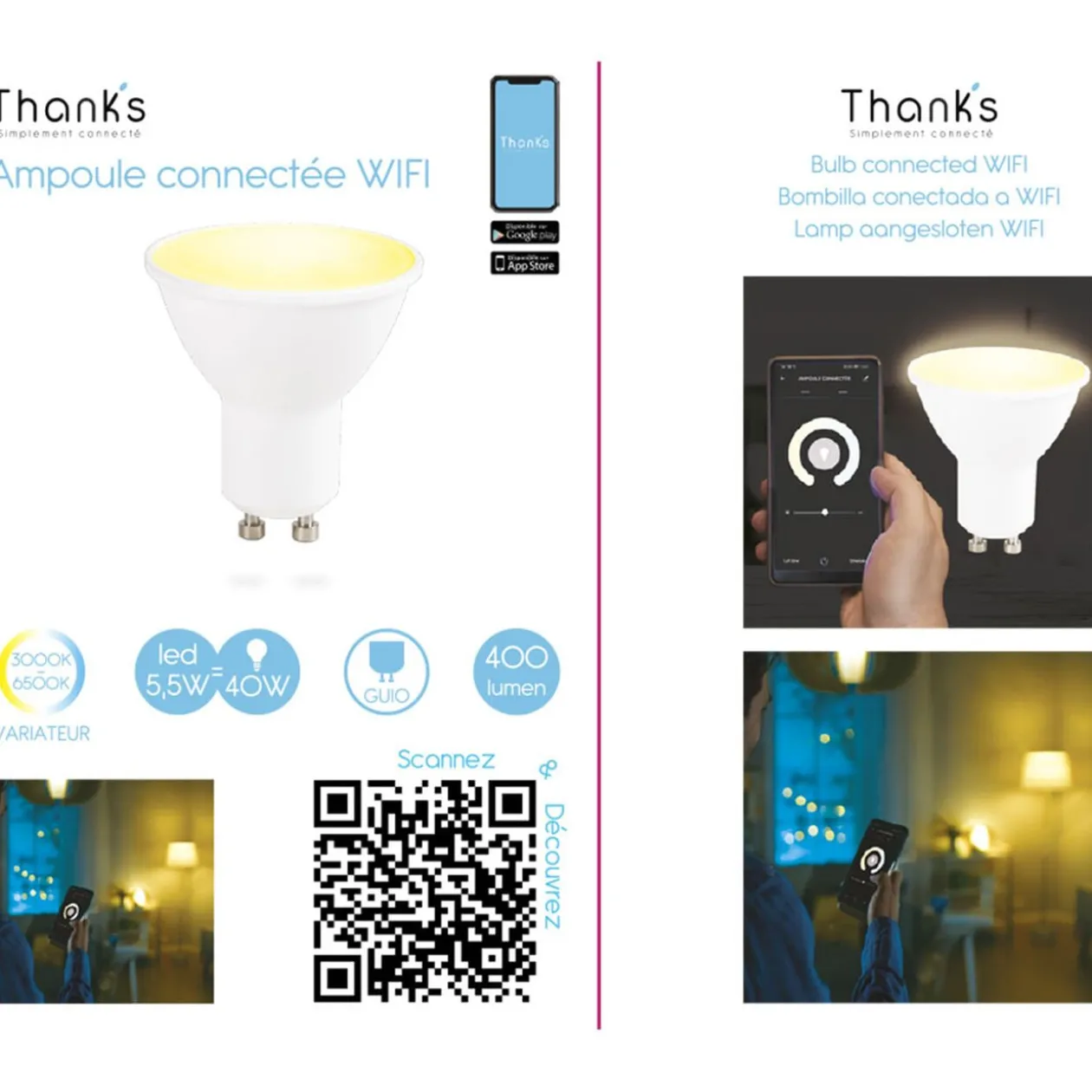 Ampoule LED connectée blanc ajustable GU10 40 W