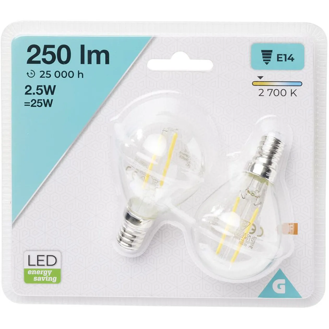 Ampoule LED filament E14 G45 Homday lumière chaude 250lms x2