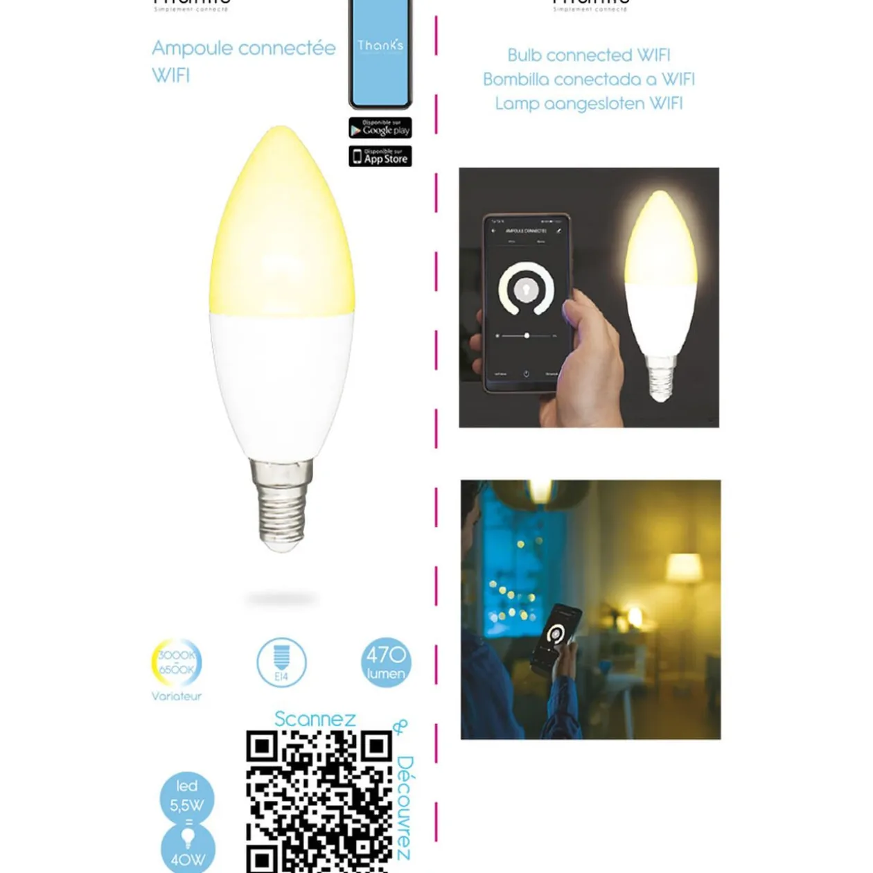 Ampoule ovale LED connectée E14 40 W