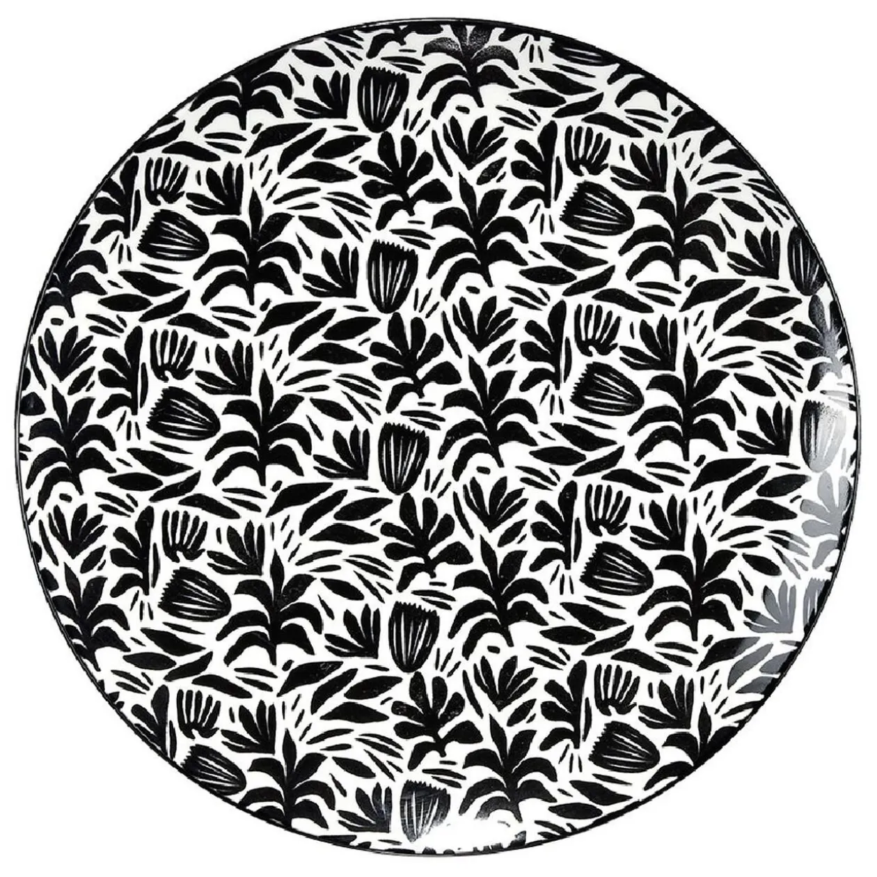 Assiette à dessert porcelaine motif feuillage noir blanc Ø19xH2cm