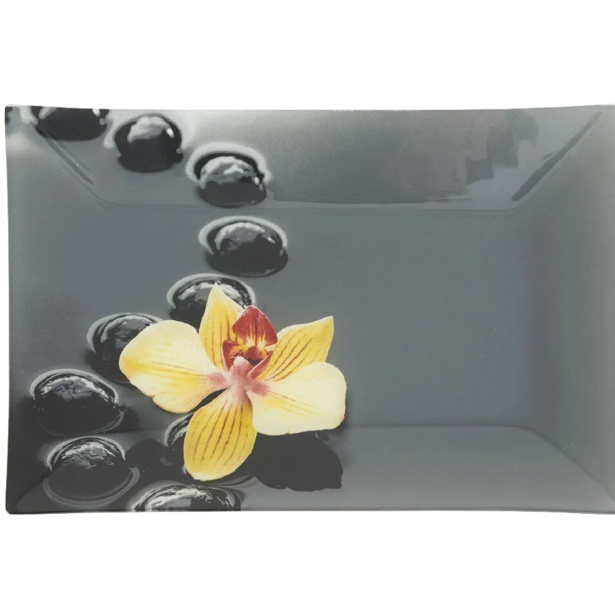 Assiette à dessert rectangulaire motif galet et fleur