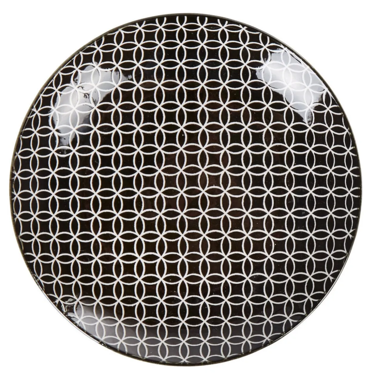 Assiette à dessert ronde blanche motif géométrique noir