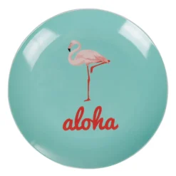 Assiette à dessert ronde bleu turquoise flamant rose aloha