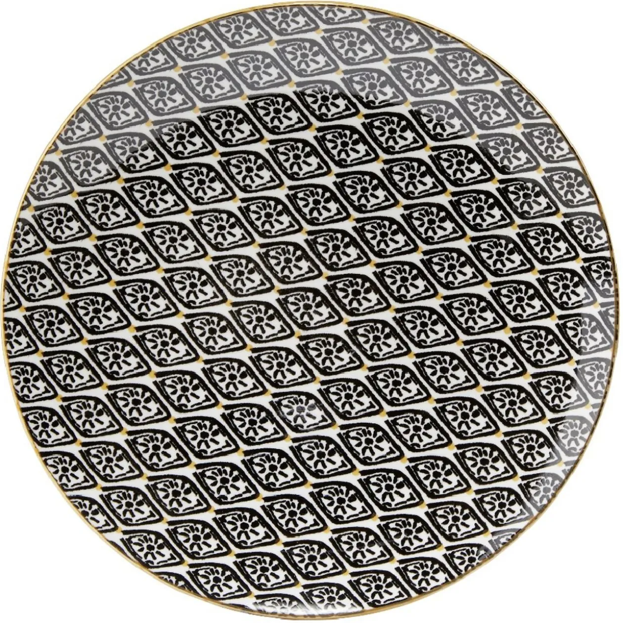 Assiette à dessert ronde Praia motif ethnique noir blanc jaune