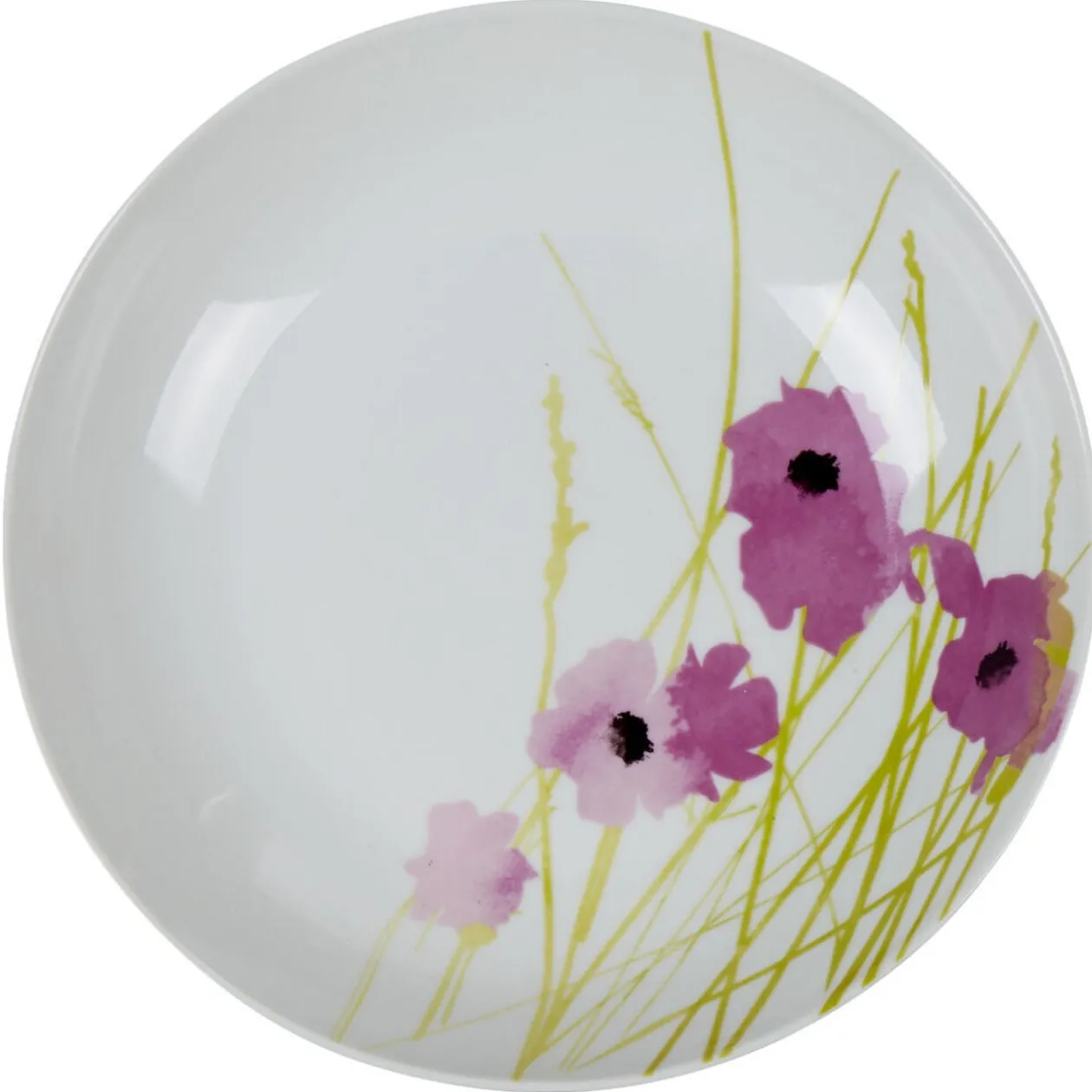 Assiette creuse ronde blanche motif pavot violet