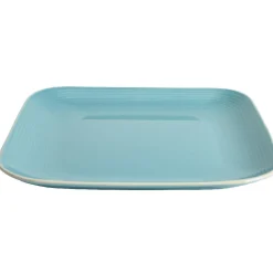 Assiette plate carré en grès bleue turquoise et blanche