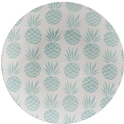 Assiette plate ronde en faïence motif ananas blanc et bleu
