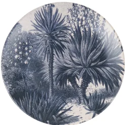Assiette plate ronde en faïence imprimé palmiers noir gris