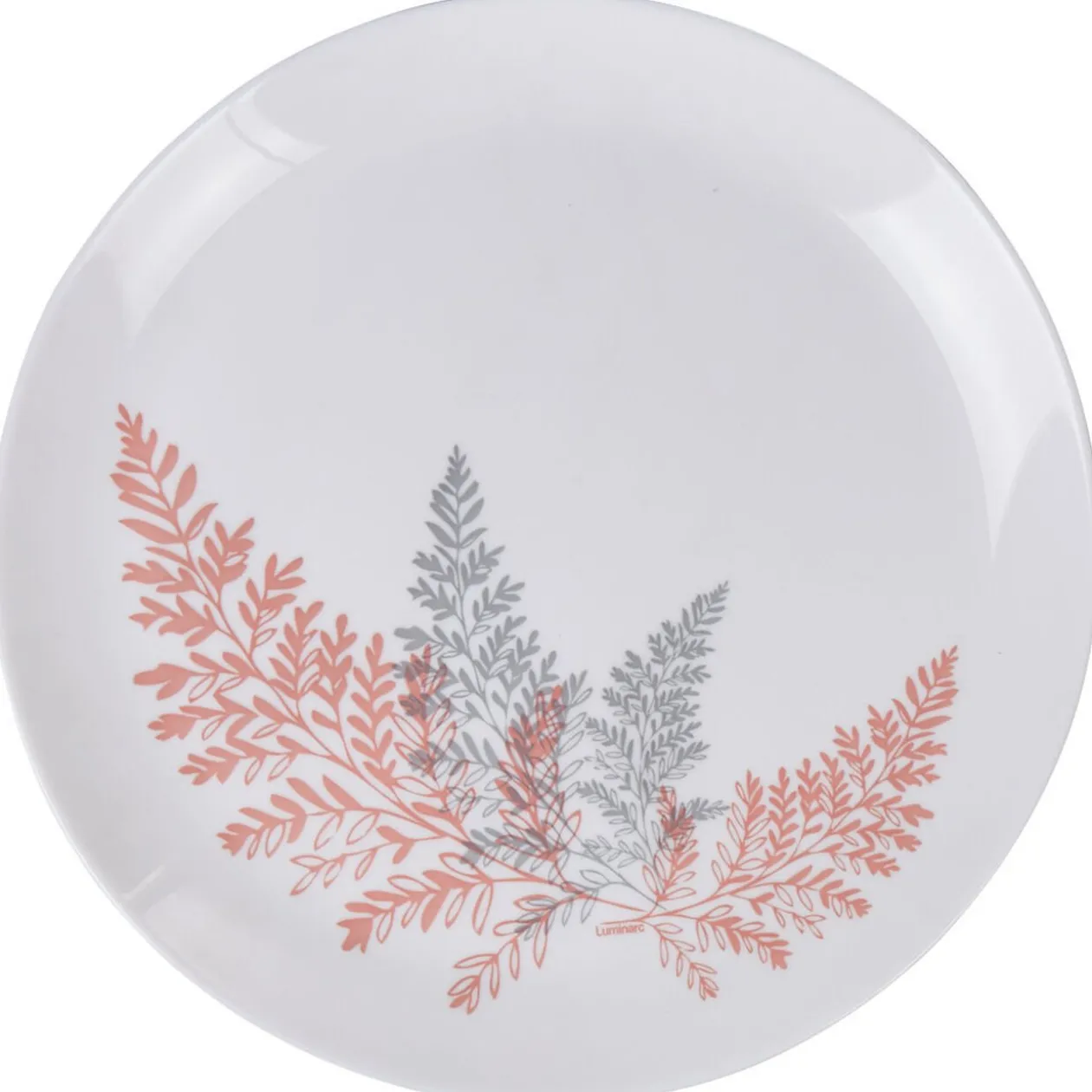 Assiette plate ronde Luminarc blanc motif feuille gris rose
