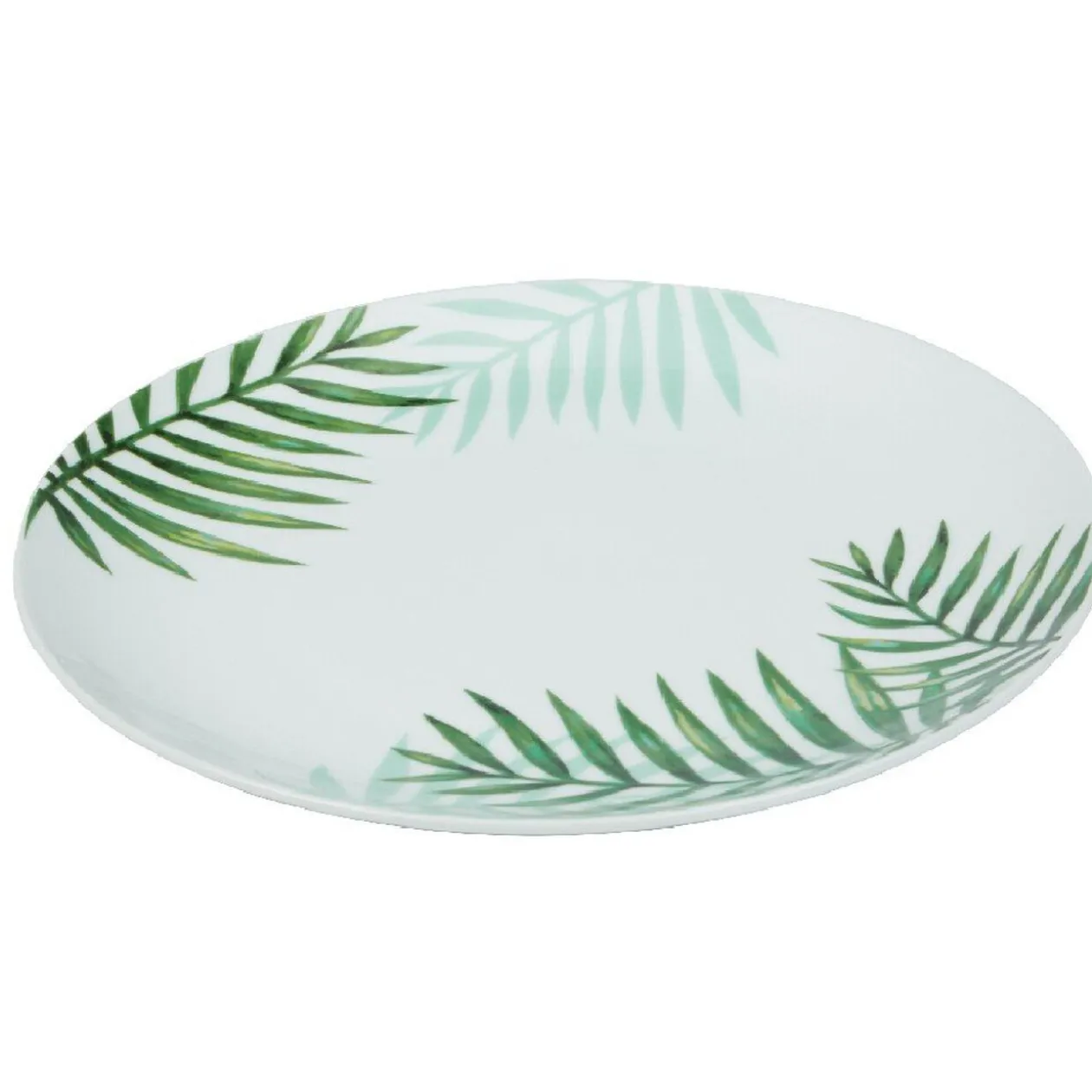 Assiette plate ronde style tropical blanche motif feuillage