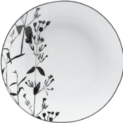 Assiette ronde blanche décor tiges feuilles noires