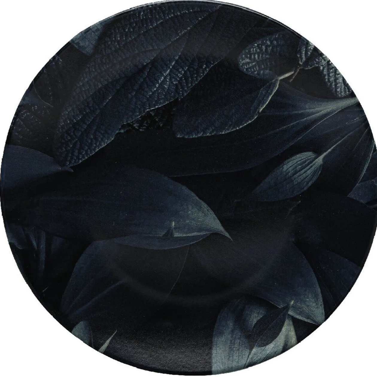 Assiette ronde plate décor feuillage vert noir