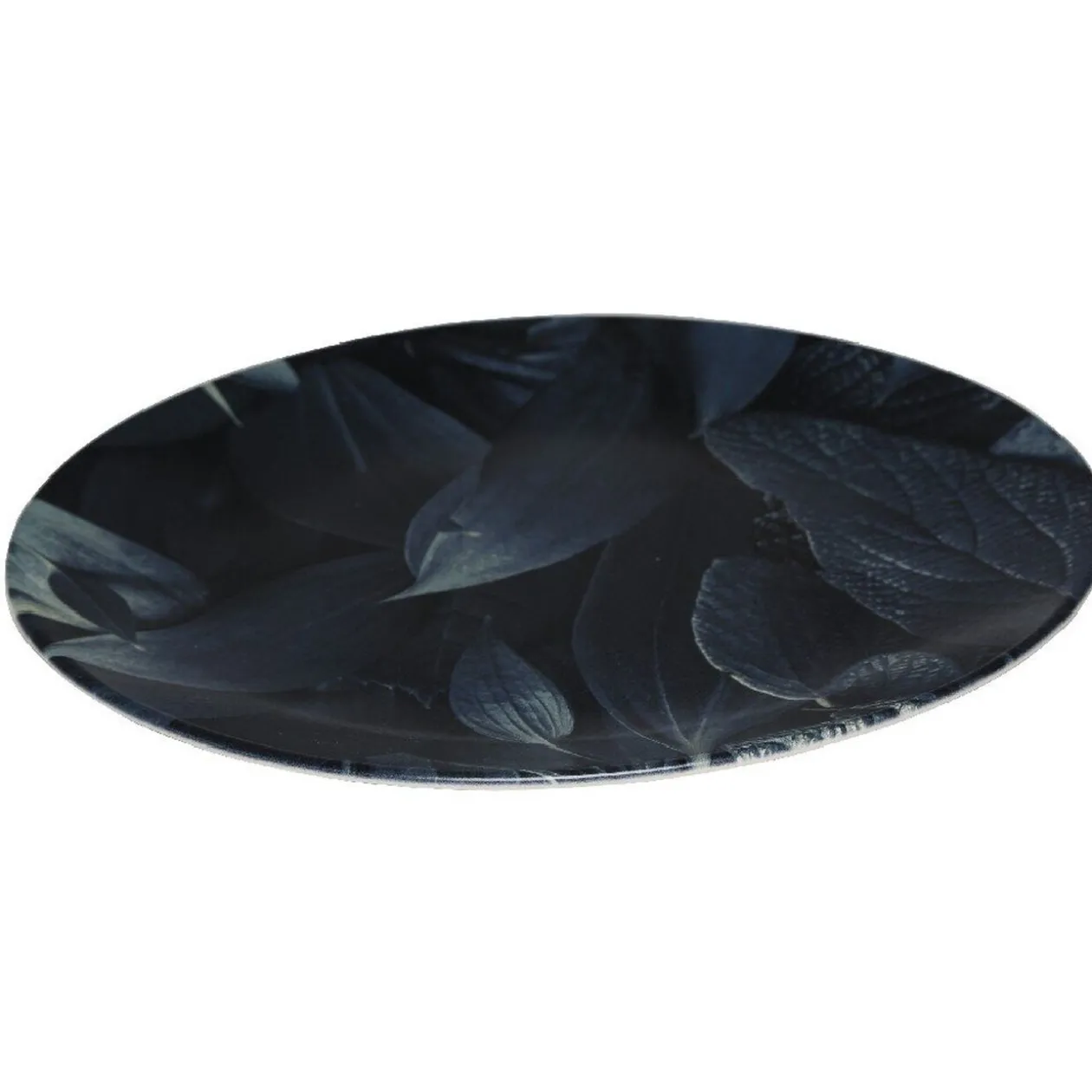 Assiette ronde plate décor feuillage vert noir