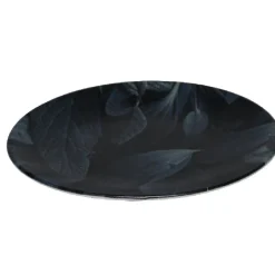 Assiette ronde plate motif feuillage vert noir