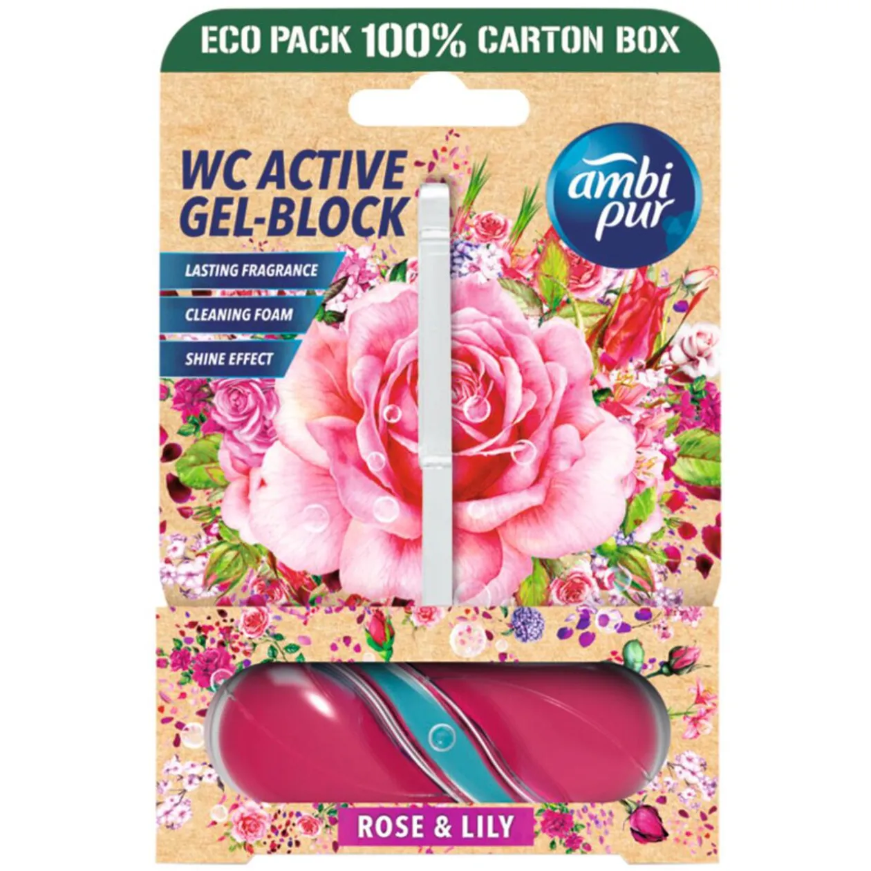 Bloc WC gel actif Ambi Pur parfum Rose et Lys