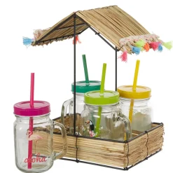 Bocal à paille et couvercle style tropical avec support x4
