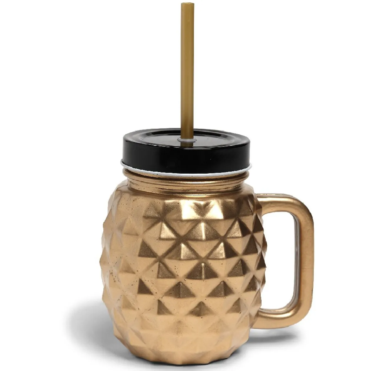 Bocal ananas doré avec paille et couvercle
