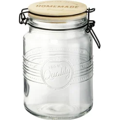 Bocal hermétique rond transparent avec couvercle en bambou H16,5 cm