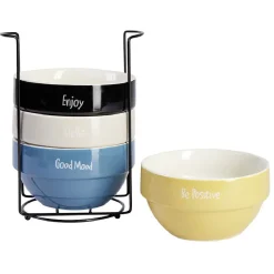 Bol en faïence Ø14 x H8 cm x4 et support