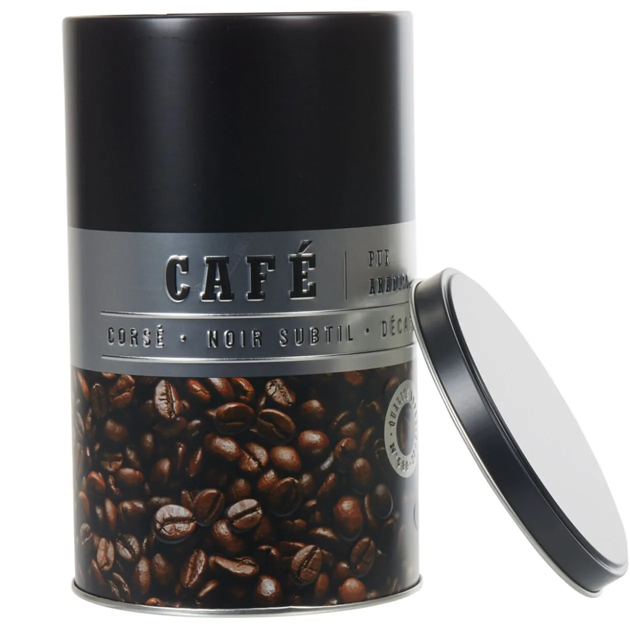 Boîte à café ronde en métal décorée noir