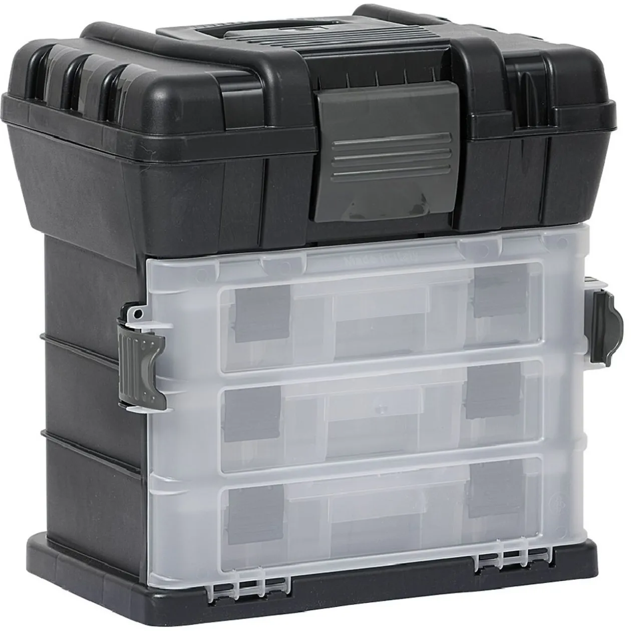 Boîte à outils avec rangement compartimenté noir transparent