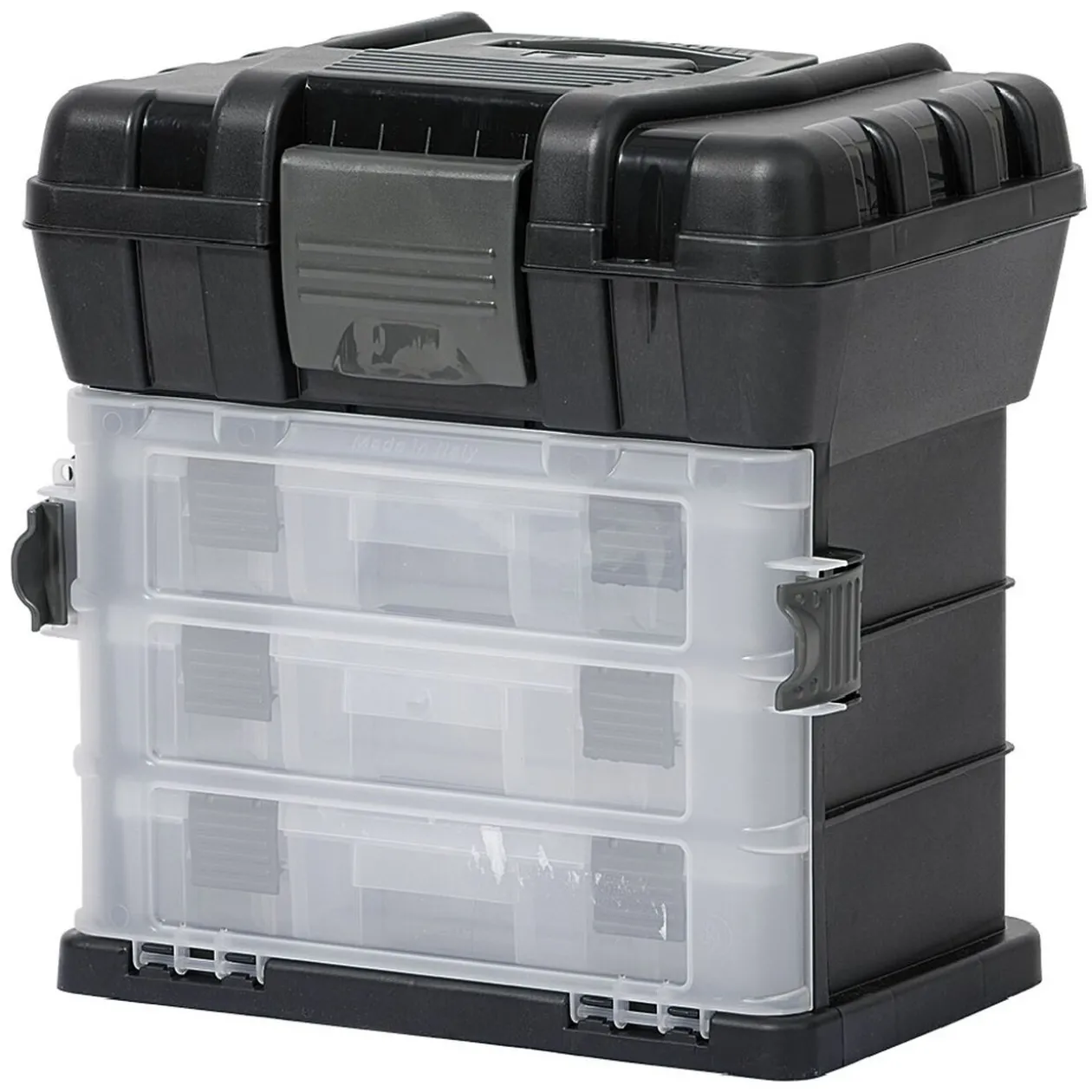 Boîte à outils avec rangement compartimenté noir transparent