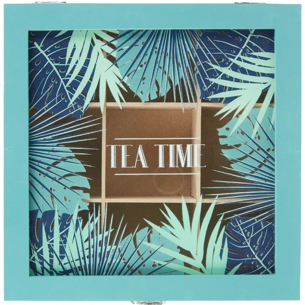 Boîte à thé carrée vert d'eau et décor tropical tea time