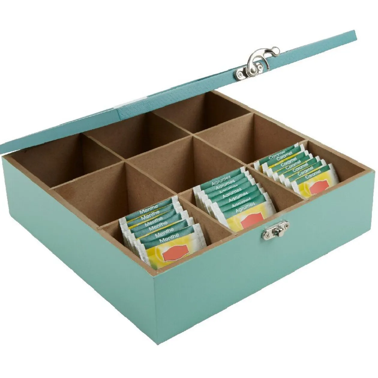 Boîte à thé carrée vert d'eau et décor tropical tea time