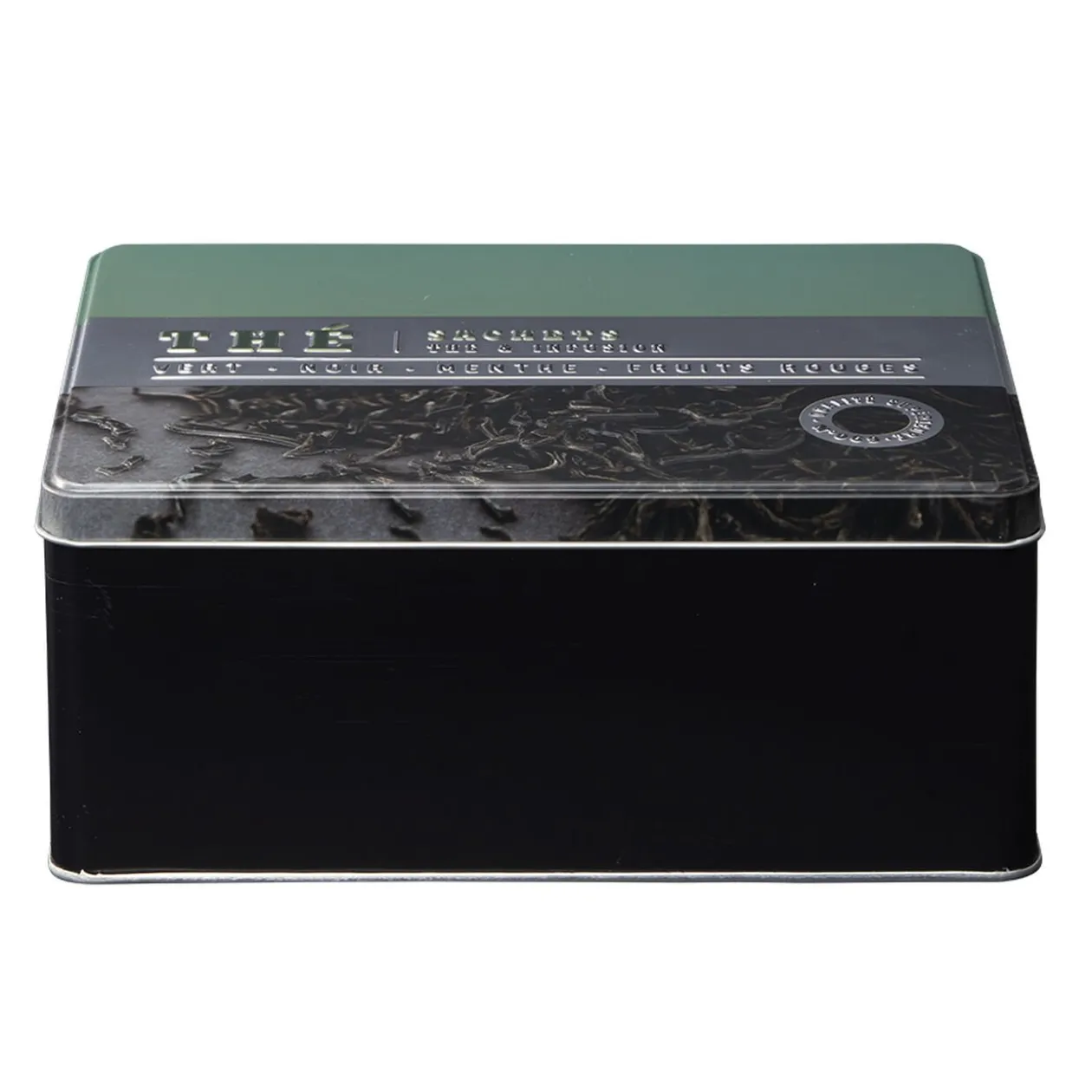 Boîte à thé rectangulaire en métal décorée verte