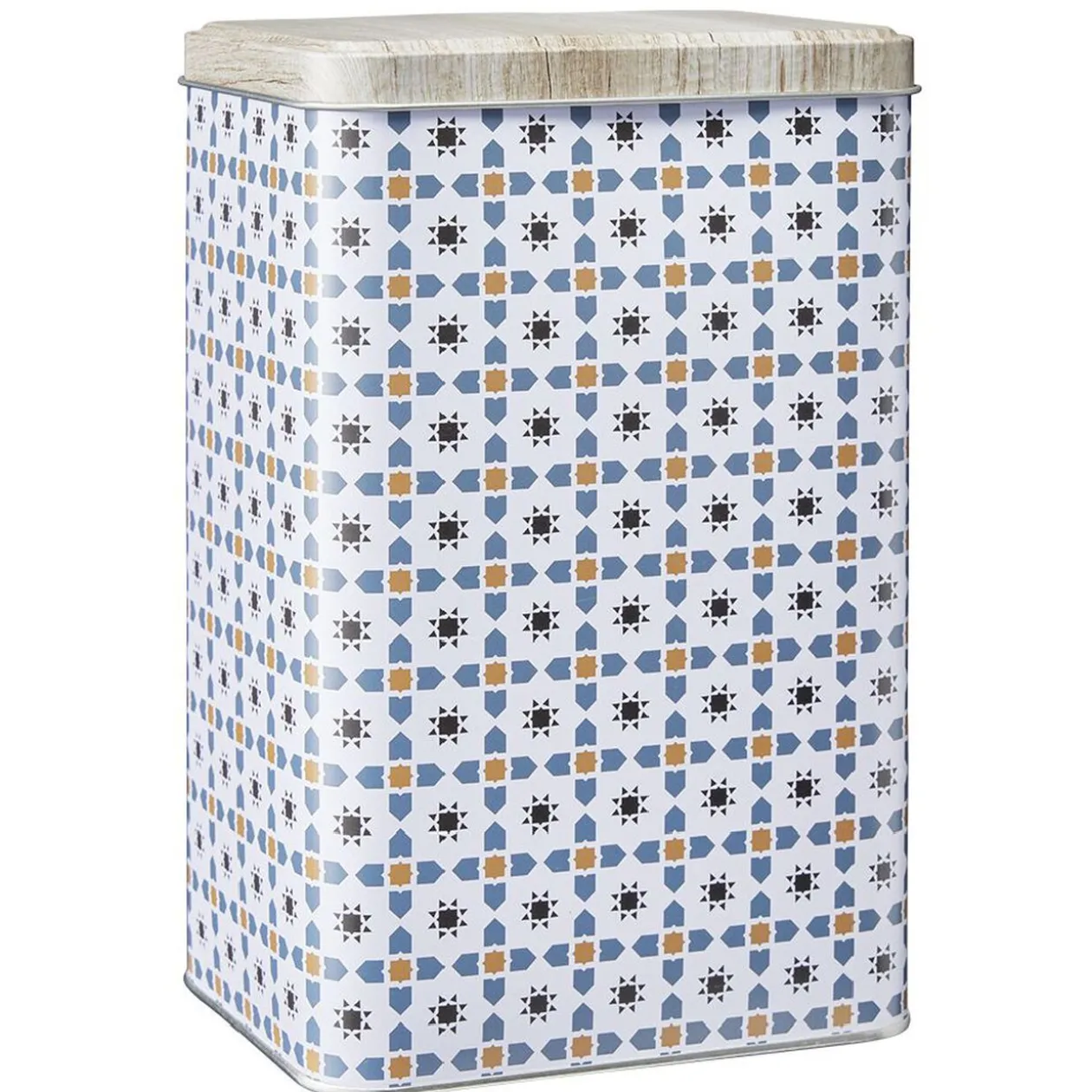 Boîte en métal décor carreau de ciment avec couvercle effet bois