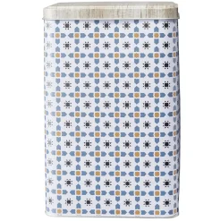 Boîte en métal décor carreau de ciment avec couvercle effet bois