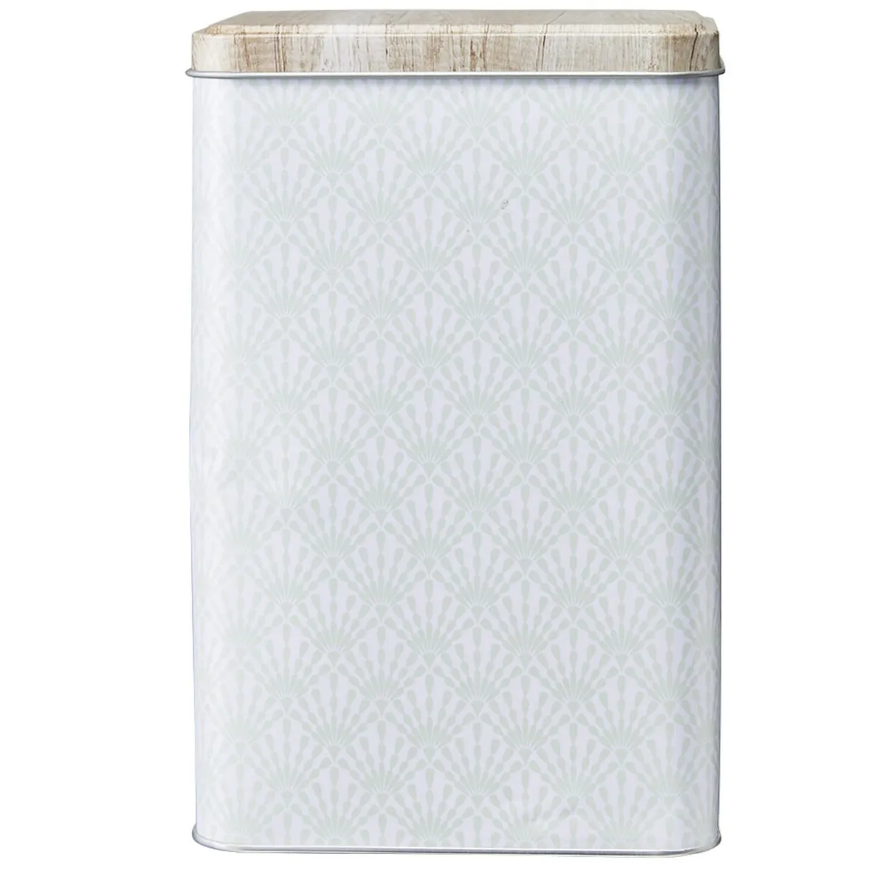 Boîte en métal imprimé gris avec couvercle effet bois