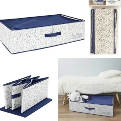 Boîte rangement dessous de lit tissu terrazzo blanc bleu 70x40xH18cm