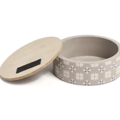 Boîte ronde bois et carreaux de ciment gris et blanc