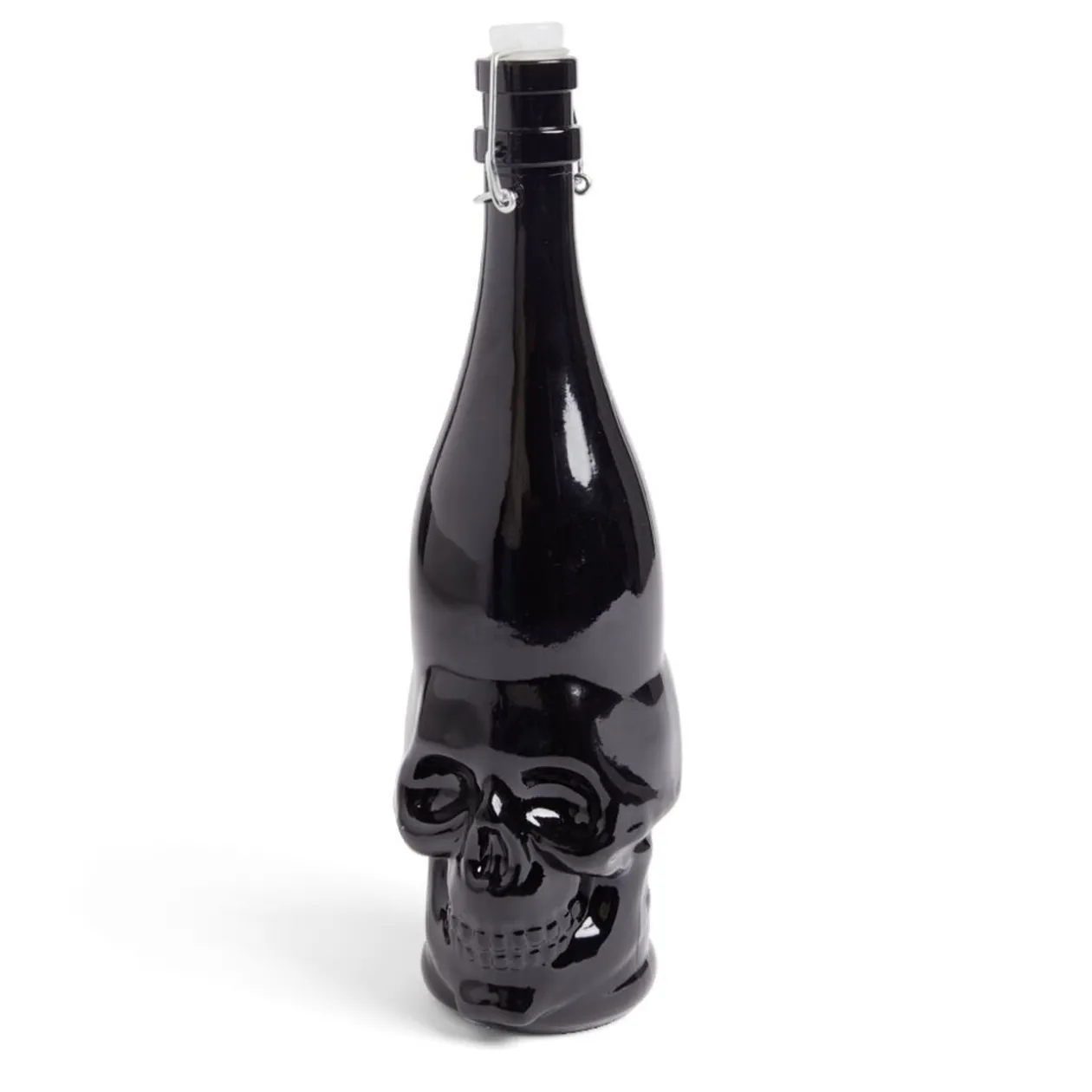 Bouteille Halloween 1L en verre forme tête de mort noire