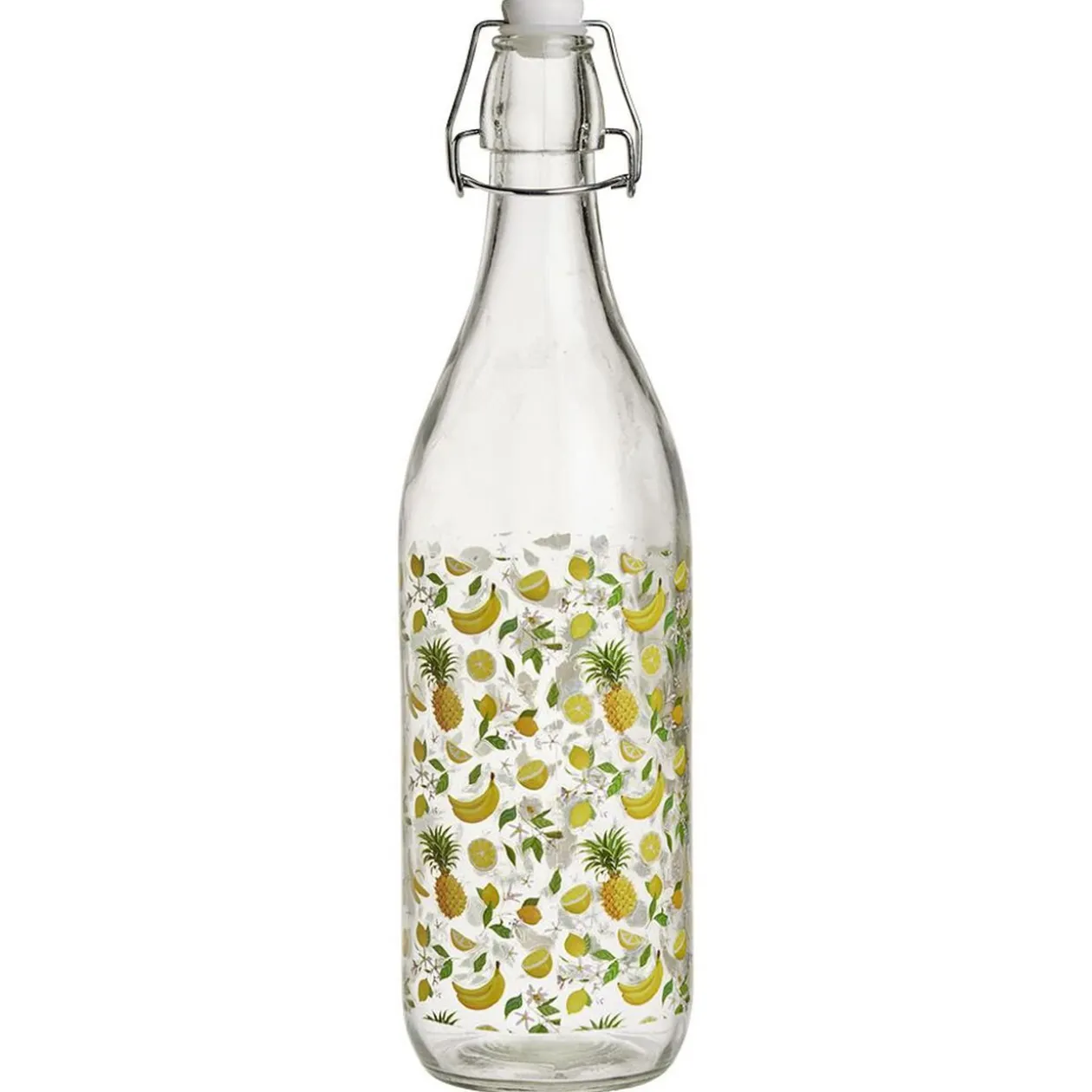 Bouteille verre motif fruit exotique jaune bouchon mécanique 1L H30cm