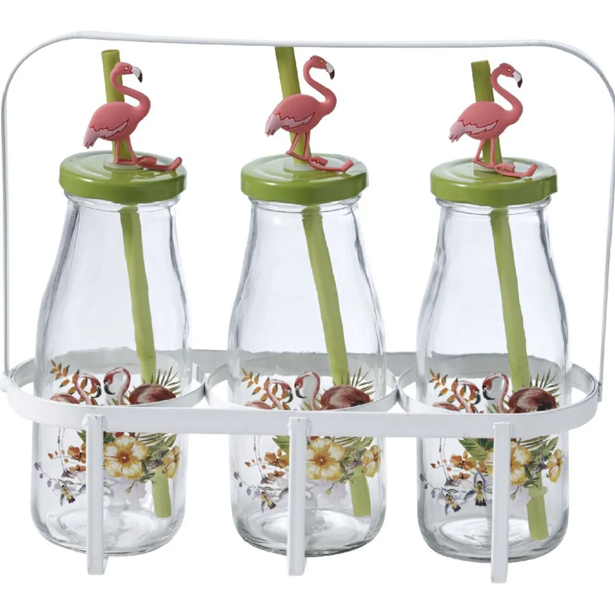 Bouteilles x3 avec pailles design exotique x3 panier métal blanc