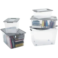 Box de rangement A4 transparente couvercle gris poignées clips 18 L