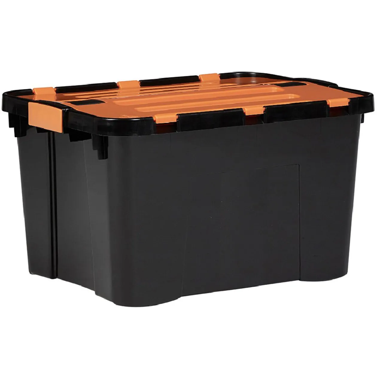 Box de rangement brico noir avec couvercle orange à double ouverture 34L