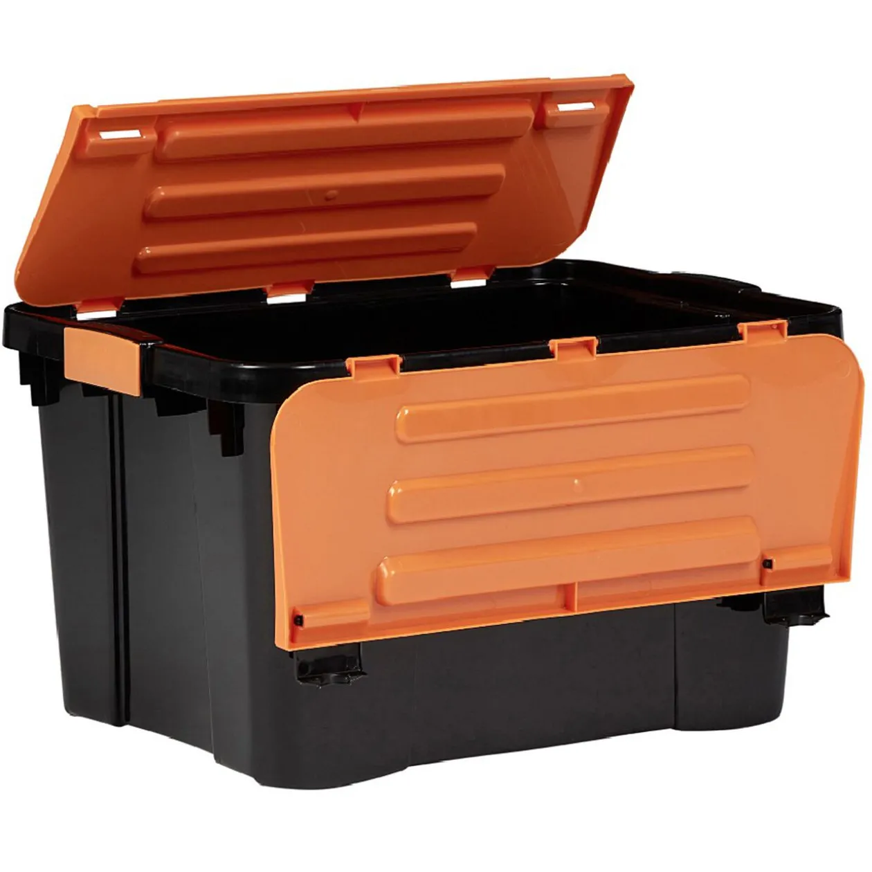 Box de rangement brico noir avec couvercle orange à double ouverture 34L