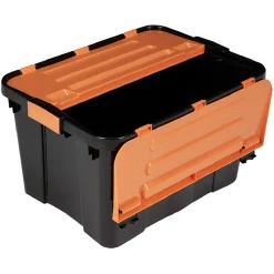 Box de rangement brico noir avec couvercle orange à double ouverture 34L