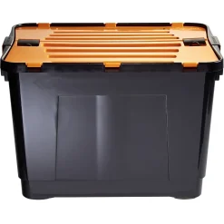 Box de rangement brico noir avec couvercle orange à double ouverture 80L