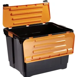 Box de rangement brico noir avec couvercle orange à double ouverture 80L