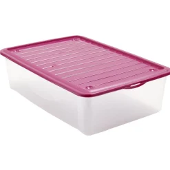 Box de rangement dessous de lit transparent couvercle rose 27L