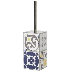 Brosse WC support céramique carreau de ciment blanc et bleu