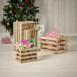 Cagette en bois motif flocon blanc 44x33xH25cm