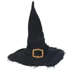 Chapeau de sorcière noir à poils avec ornement doré